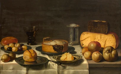 "Petit dejeuner (petit-dejeuner) hollandais" (pequeno-almoço holandês) Nature morte de fromage, tourte, fruits, pain Peinture de Floris van Schooten (vers 1590-apres 1655), - Oil on wood Dim 50x82 cm Royal Museum of Fine Arts, Anvers