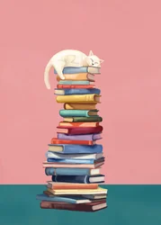 Gatinho aconchegado em cima de livros coloridos