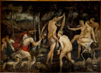 Diana (Ártemis), deusa da caça, e Actéon, caçador. Pintura da Escola de Fontainebleau (século XVI). Dimensões 2,65 x 3,67 m