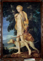 A deusa armada com um arco é acompanhada por um cão. Pintura da Ecole de Fontainebleau. Sol do século XVI. 1,91 x 1,32 m - A deusa Diana a Caçadora armada com um laço acompanhada por um cão. Pintura da Escola de Fontainebleau. Século XVI. 1.9