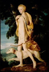 A deusa com um arco é acompanhada por um cão. Pintura da Escola de Fontainebleau. Sol do século XVI. 1,91 x 1,32 m Paris, Musee du Louvre