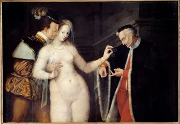 A mulher entre duas idades. Cena que representa uma prostituta cortejada por dois homens de idades diferentes. Pintura da Escola de Fontainebleau. 1588, Rennes, Museu de Belas-Artes