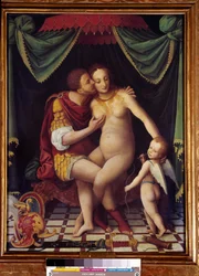 Vénus e Marte, representação das duas divindades a beijarem-se. Pintura da Escola de Fontainebleau do século XVI