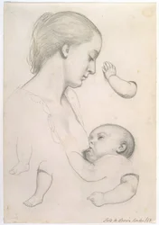Repasto do bebê - estudo de mãe e filho com estudos separados de braço e perna da criança, 1848