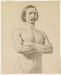 Nu masculino - Estudo de nu académico, a meio comprimento, com bigode e braços cruzados