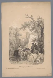 Companheirismo com um burro em frente a uma aldeia de montanha italiana Estudos de figuras em uma paisagem (título da série) L
