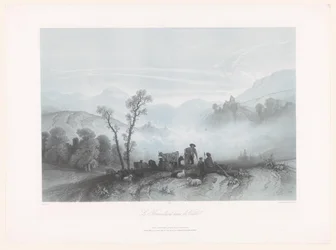 Pastores com vacas e ovelhas num vale enevoado
Le Brouillard dans la Vallée (título sobre o objecto)
