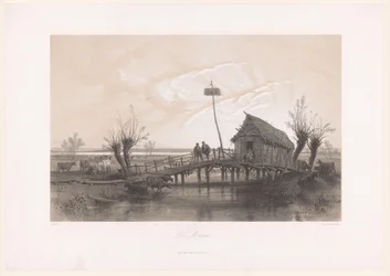 Paisagem pantanosa com vacas e figuras junto a uma casa com ponte - Le Marais