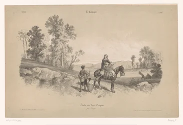 Mulher a cavalo com homem e criança numa paisagem
Estudos de cenas rurais com dois tipos de giz (título da série)
La Campagne. Etude aux deux crayons, par Férogio (título da série sobre o objecto)
