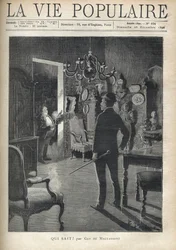 Um homem surpreende um intruso em casa no meio da noite. Ilustração de F. Meaulle depois de B. Borione para "Quem sabe? "por Guy de Maupassant (1850-1893). Gravação de 1890 em "La vie populaire". Coleção Particular