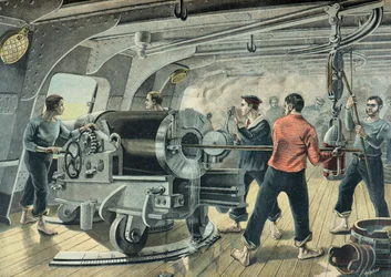 Uma bateria da marinha bombardeia Santiago de Cuba, Guerra Hispano-Americana em 1898 (Gravura)