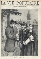 Uma enfermeira segurando um novo enxame, acompanhada pelo pai, um velho camponês, com um olhar determinado, encontra um homem da burguesia, que lê cuidadosamente um jornal, na praça de uma aldeia provincial. Ilustração de René Schutzenberger (1860-1916), p