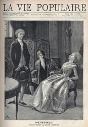 Um jovem loiro bonito, com mau aspecto, tendo acabado de fazer a sua proposta, vê a rapariga apanhada com uma gargalhada, entornada na sua cadeira, sob os olhos do pai. Ilustração para Puyjoli por Jules Claretie (1840-1913). Gravura de Fortune Meaulle (184
