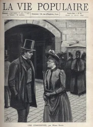 Uma jovem mulher usando um chapéu de véu que cobre o rosto, segurando um guarda-chuva e um livro, conversa com um jovem elegante, terno e cartola, mãos nos bolsos. Atrás deles, um grupo de mulheres cortadas, casaco escuro e velado. Estão a ser observados p