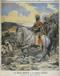 Preto da Etiópia, Menelik II (1844-1913) na batalha de Adowa, ilustração do 