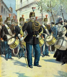 Desfile de músicos e do chefe de bateria da Guarda Republicana, Paris 1896 (Gravura)
