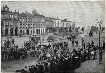 Partida da corrida de ciclismo Bordeaux-Paris (Bordeaux Paris) em 1891 - gravura de Meaulle de 1891