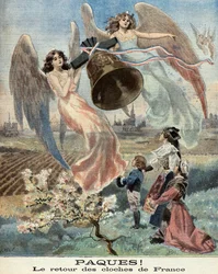 Páscoa, o regresso dos sinos, alegoria da reunificação da Alsácia com a França em 1899 (Gravura)