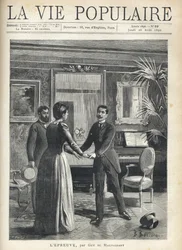 Numa sala de estar burguesa, um homem levanta-se precipitado em direcção à senhora da casa e agarra-lhe as mãos, deixando cair o chapéu no chão, sob o olhar espantoso de outro homem. Ilustração de Bernard Borione (século 1865-20), para o teste de Guy