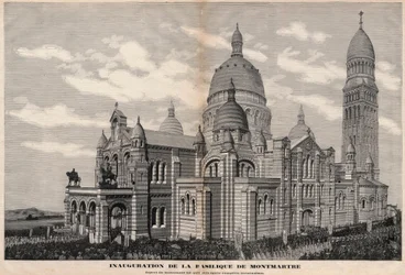Inauguração da Basílica do Sacre-Coeur em Montmartre em 1891 (aspecto do monumento como será após a sua completa conclusão) - Gravura de Meaulle em 1891