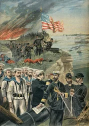 Desembarque das tropas americanas em Guantánamo, guerra hispano-americana em 1898 (Gravura)
