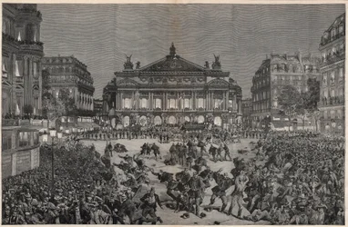 Riots em Paris, opondo-se à representação de "Lohengrin" de Richard Wagner no Palais Garnier 1891 - Demonstration patriotique, place de l