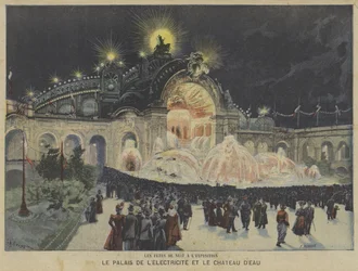 O, palácio, de, electricidade, e, castelo água, em, noturna, exposição, Universelle, 1900, paris