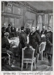 O conselho da Ordem Nacional da Legião de Honra durante o caso Dreyfus, gravura de F. Meaulle segundo Garrey. «Le Petit Journal», 24 de abril
