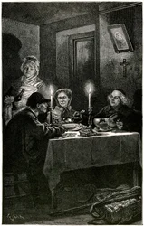 Victor Hugo "Os Miseráveis" Ilustração de Lix gravada por Meaulle: o Forcat e o Eveque. Jean Valjean, a quem o eveque Myriel ofereceu o hospital, vai cometer a sua última fuga: os talheres de prata do seu anfitrião. Sobre a mesa, os dois candelabros de pra