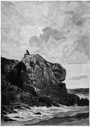 Victor Hugo no exílio em Jersey, em 1855, no rochedo Proscriit. Gravura de Louis Fortune Meaulle (1844-1901), da qual Hugo disse: "I think, il grave".
