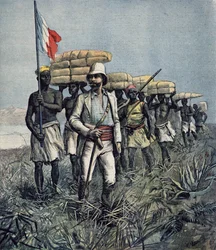 O tenente Mizon (1853-99) na sua missão de exploração de 1892 na região do rio Benue, na Nigéria, de «Le Petit Journal», julho de 1892