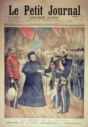 As apresentadoras francesas: a chegada da rainha da Inglaterra em Cherbourg, capa do &39;Le Petit Journal&39;, 14 de março de 1897