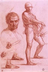 Estudo de um macho segurando uma espada e um livro, a espada e os pés ensaiados duas vezes, e uma cabeça masculina (giz sobre papel)