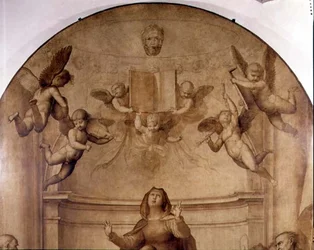 O Grande Altar de Concílio, detalhe retratando anjos musicais segurando no alto um livro