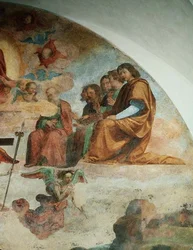 O Juízo Final, detalhe retratando os Apóstolos à esquerda de Cristo