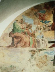 O Juízo Final, detalhe retratando a Virgem e os Apóstolos à direita de Cristo