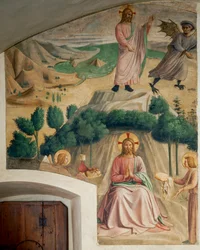 Cela 32: Jesus persegue o demónio que o tenta no deserto; os anjos trazem-lhe pão
