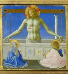 Cristo de pé no seu túmulo (Ressurreição) - parte inferior (predela) da «Coroação da Virgem», representando Cristo junto ao túmulo e seis episódios da vida de São Domingos, fundador da ordem a que Fra Angelico pertencia
