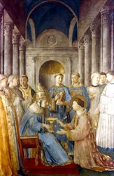Fra Angelico (Guido di Pietro/Giovanni da Fiesole c1400-55) Pintor italiano. Fresco "São Sisto e o seu diácono São Lourenço" (Papa Sisto II d258). Capela de Nicolau V, Palácio do Vaticano