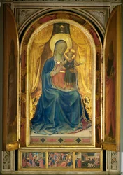Santa Maria e o Menino, rodeados de anjos que tocam músicaNa predela: sermão de São Pedro, Adoração dos Magos (pintura sobre madeira)