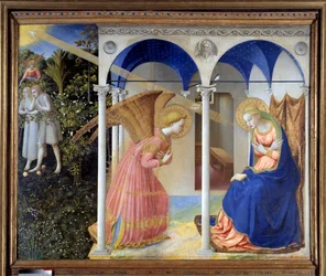 A Anunciação (ao fundo, Adão e Eva expulsos do Paraíso), c. 1445 (têmpera e ouro sobre painel)
