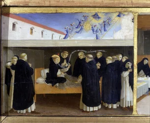A morte de São Domingos (1221) - parte inferior (a predela) da «Coroação da Virgem», representando Cristo no túmulo e seis episódios da vida de São Domingos, fundador da ordem a que Angelico pertencia, por Guido di Pietro