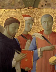 Detalhe do retábulo de Annalena: Retratos de São Pedro Mártir, São Cosimo (Vem ou Cosimo) e São Damien (tempera sobre madeira)