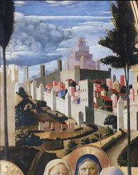 Paisagem com vista para Jerusalém e para o templo de Salomão. Detalhe da deposição de Cristo ou do retábulo da Santíssima Trindade (tempera sobre madeira