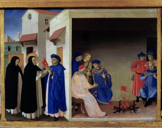 Predela da Coroação da Virgem: o milagre do livro lançado ao fogo perante os albigenses. São Domingos refuta a heresia cátara. Museu do Louvre, Paris