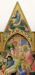 Retábulo, moldura e pináculos de Santa Trinita de Lorenzo Monaco (Piero di Giovanni) (c.1370-1425) concluído c.1434 (têmpera e ouro no painel) (detalhe de 43967)