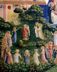 O Pormenor do Juízo Final do Paraíso, o círculo de almas aureolee. Detrempe na madeira por Guido di Pietro (ou Fra Giovanni da Fiesole) dit Fra Angelico ou il Beato (1400-1455). Dim. 105x210 cm Museu de San Marco. Florença
