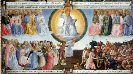 The Last Judgment Detrempe on wood by Guido di Pietro (ou Fra Giovanni da Fiesole) dit Fra Angelico ou il Beato (1400-1455). Pintura para o armário de prata. 1450 Dim. 77x74 cm Museu de San Marco. Florença