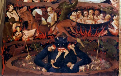 O Juízo Final: detalhe do Submundo. Maldições nos círculos infernais, torturas por demónios. Detalhe de um detrempe na madeira por Guido di Pietro (ou Fra Giovanni da Fiesole) dit Fra Angelico ou il Beato (1387-1455)