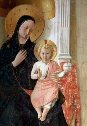 A Madona das Sombras. Pormenor: a auréola de Jesus Cristo está marcada com uma cruz, fresco, c. 1438-1446.